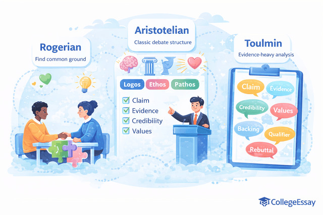 The image displays argument strategies when writing an argumentative essay