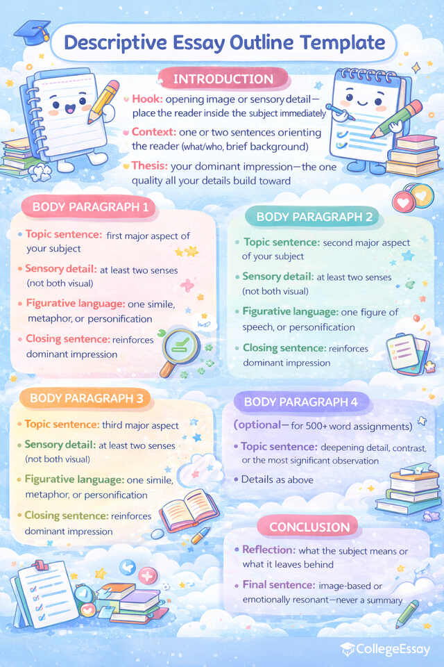Figure shows the descriptive essay outline and what each section covers in the essay.