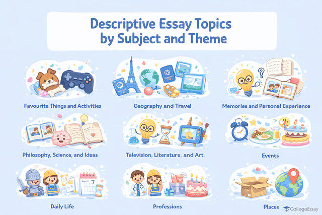 The figure illustrates descriptive essay writing topics for themes and subjects.