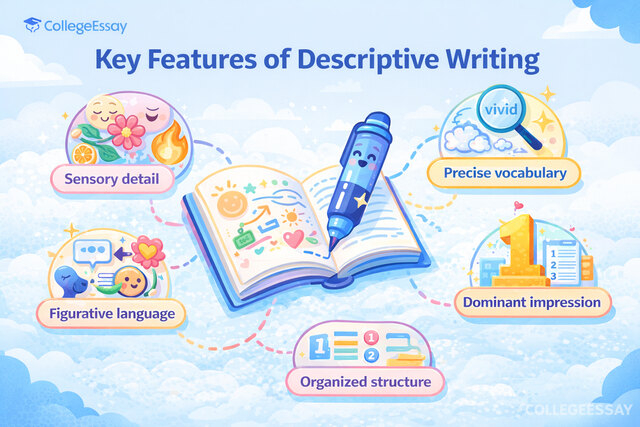 Figures displays the five features of descriptive writing. 