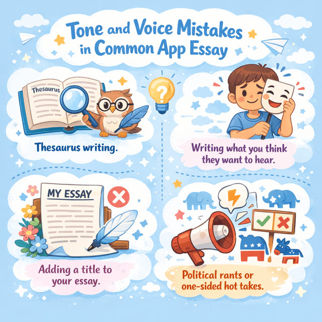 The image displays tone and voice mistakes in common app essay application.