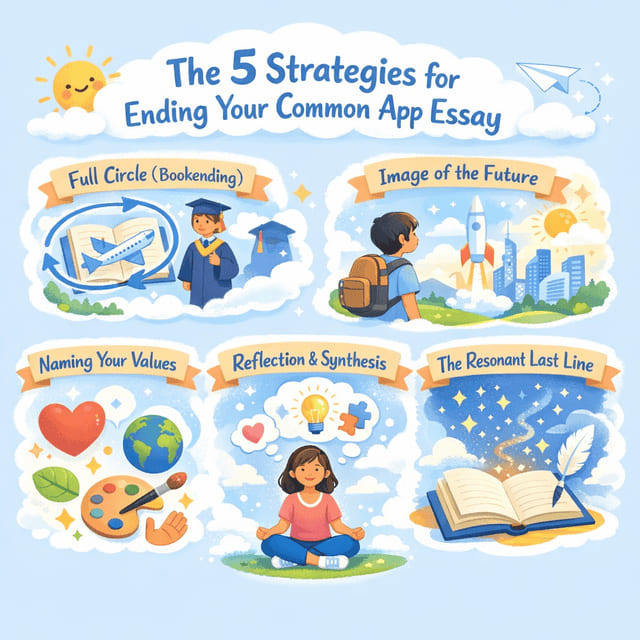 The image displays 5 strategies to end common app essay.