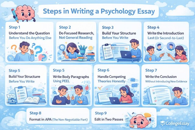 The image illustrates the steps in writing a psychology essay