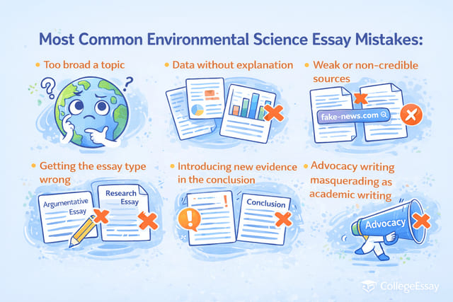 This image displays the mistakes to avoid when writing environmental science essay